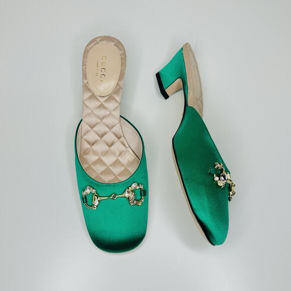 NIB Gucci Horsebit Crystals Satin Mules IT 36 US 6 Slip On Emerald Green Sandal - Picture 8 of 15